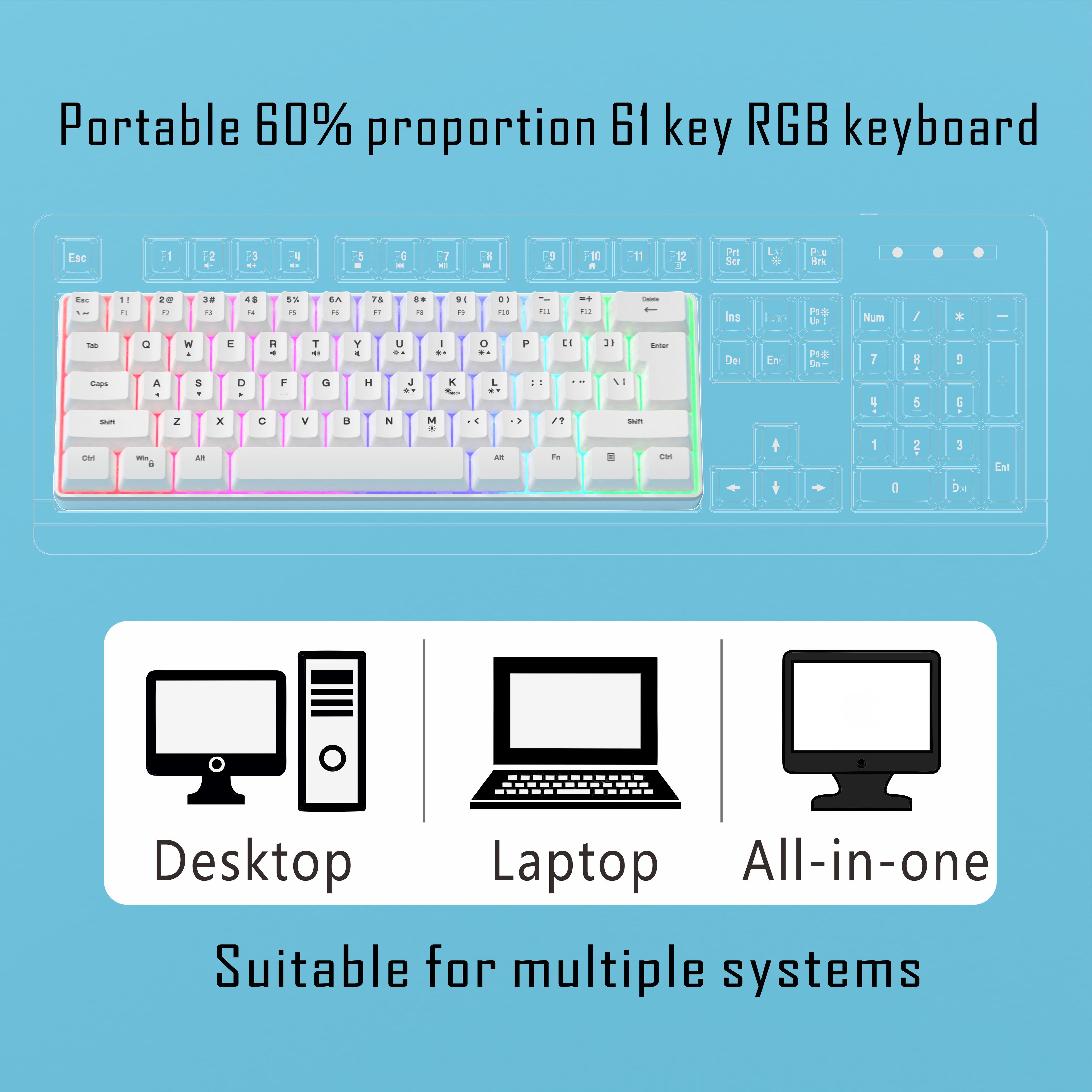 mini portable 60 white wired gaming keyboard compact 61 key rgb translucent usb keyboard color button keyboard high and transparent middle board cover flowing light changing color computer notebook desktop all in one keyboard details 0