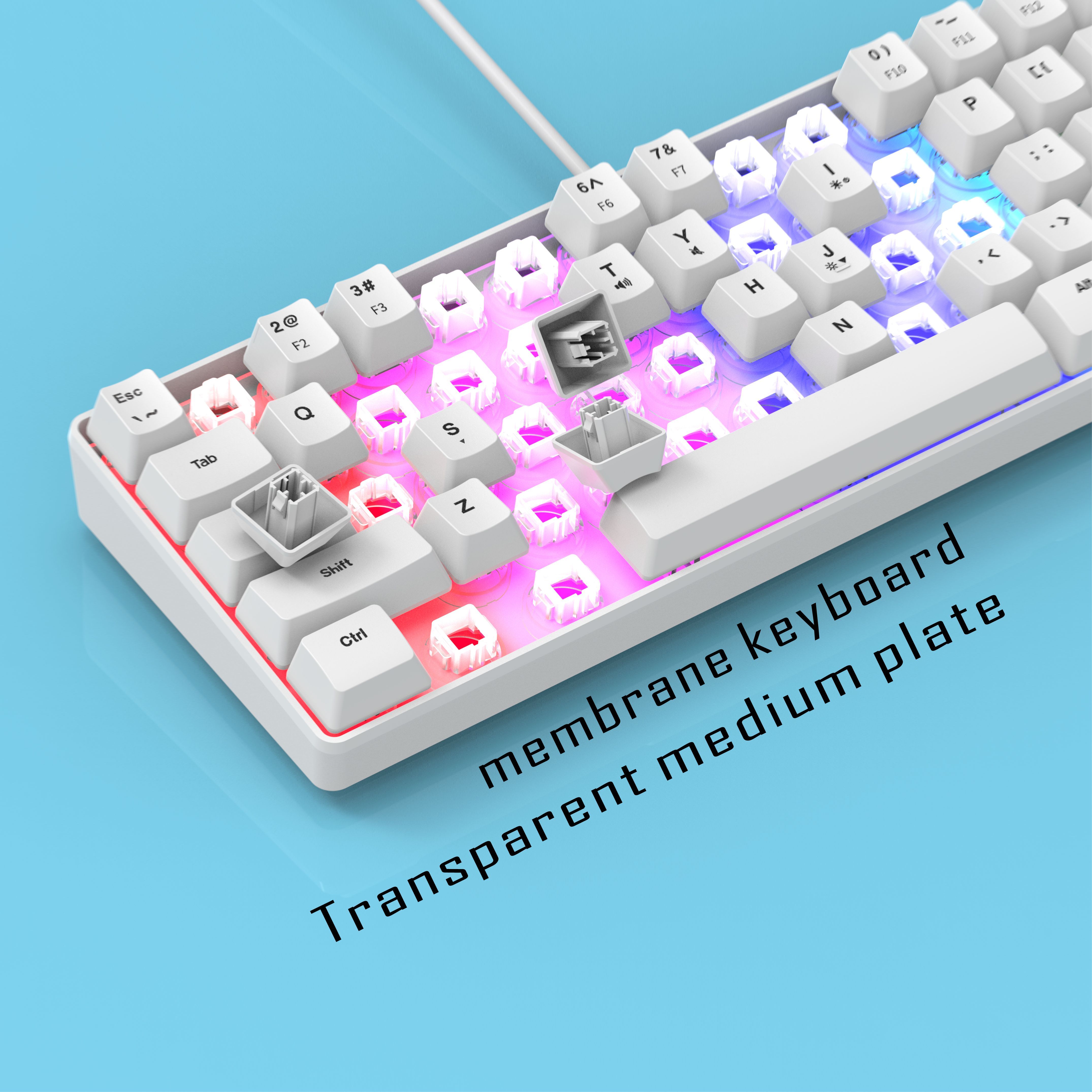 mini portable 60 white wired gaming keyboard compact 61 key rgb translucent usb keyboard color button keyboard high and transparent middle board cover flowing light changing color computer notebook desktop all in one keyboard details 1