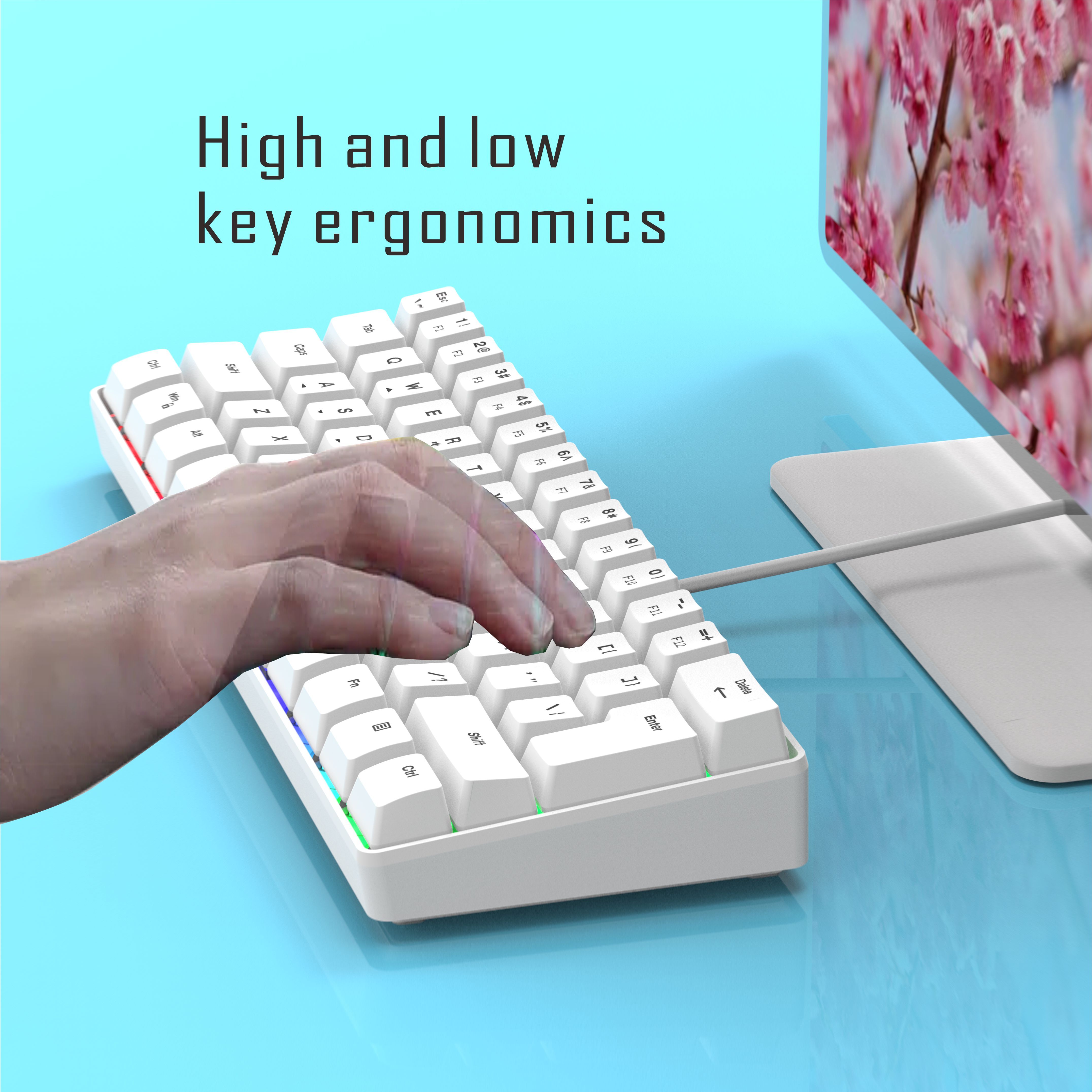 mini portable 60 white wired gaming keyboard compact 61 key rgb translucent usb keyboard color button keyboard high and transparent middle board cover flowing light changing color computer notebook desktop all in one keyboard details 2