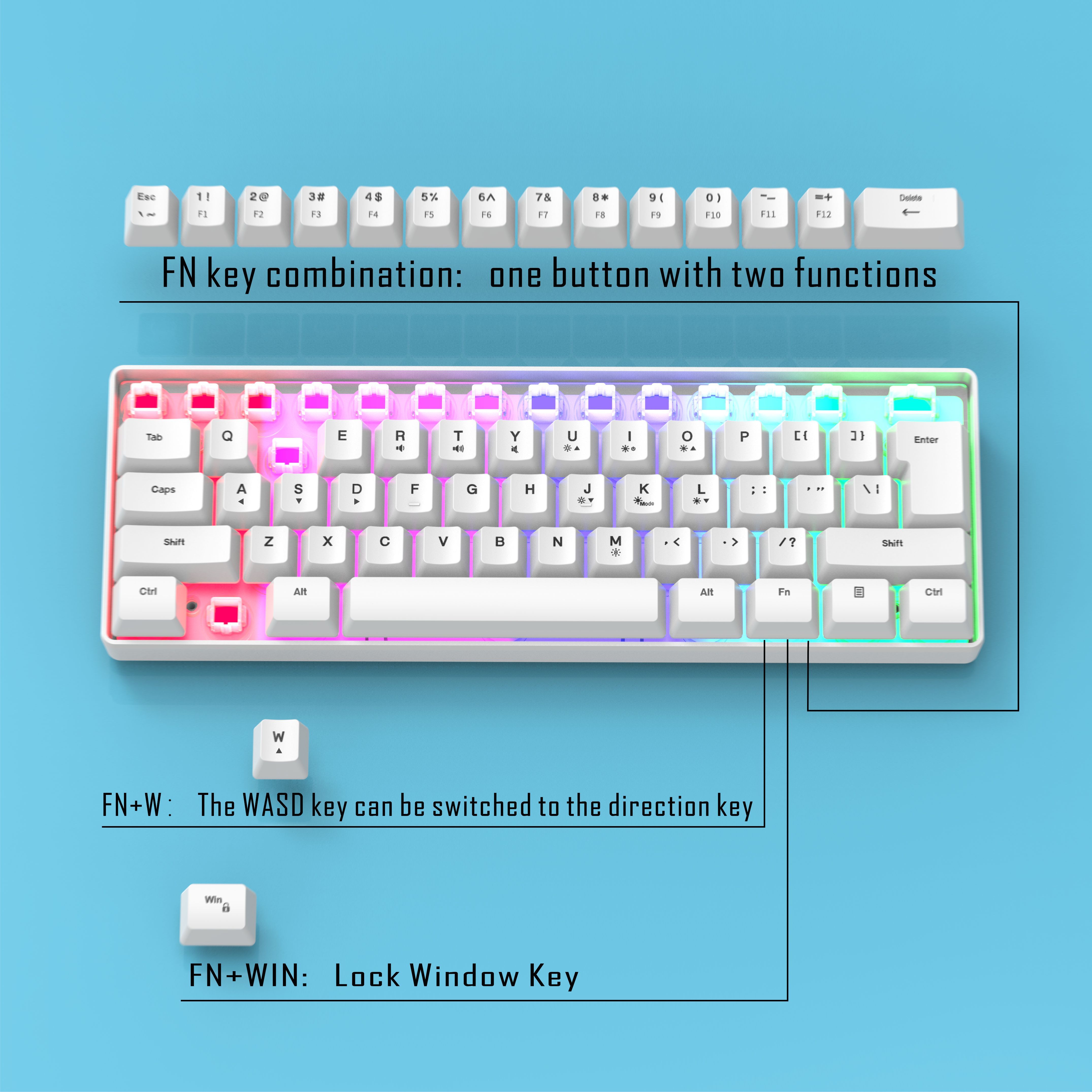 mini portable 60 white wired gaming keyboard compact 61 key rgb translucent usb keyboard color button keyboard high and transparent middle board cover flowing light changing color computer notebook desktop all in one keyboard details 3