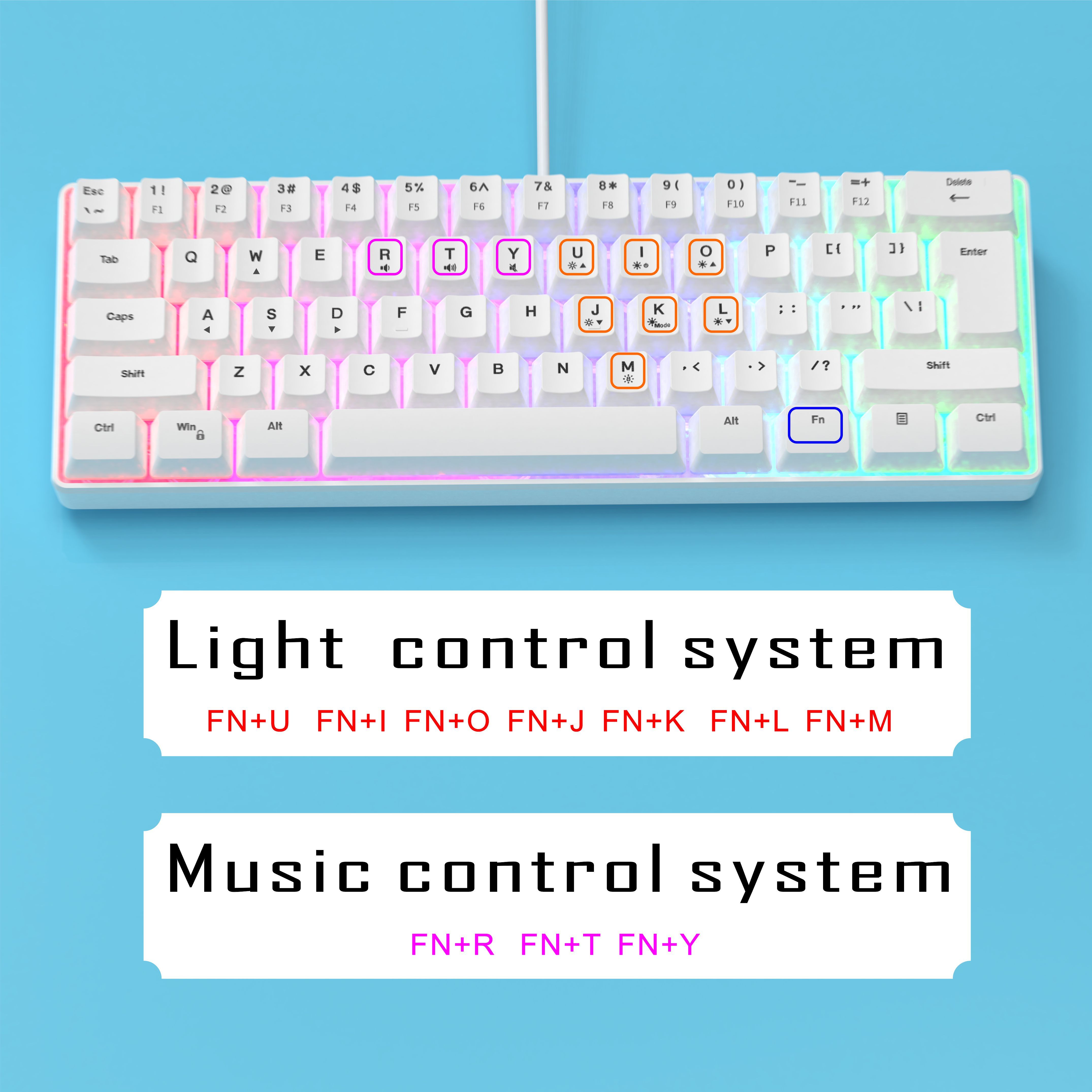 mini portable 60 white wired gaming keyboard compact 61 key rgb translucent usb keyboard color button keyboard high and transparent middle board cover flowing light changing color computer notebook desktop all in one keyboard details 4