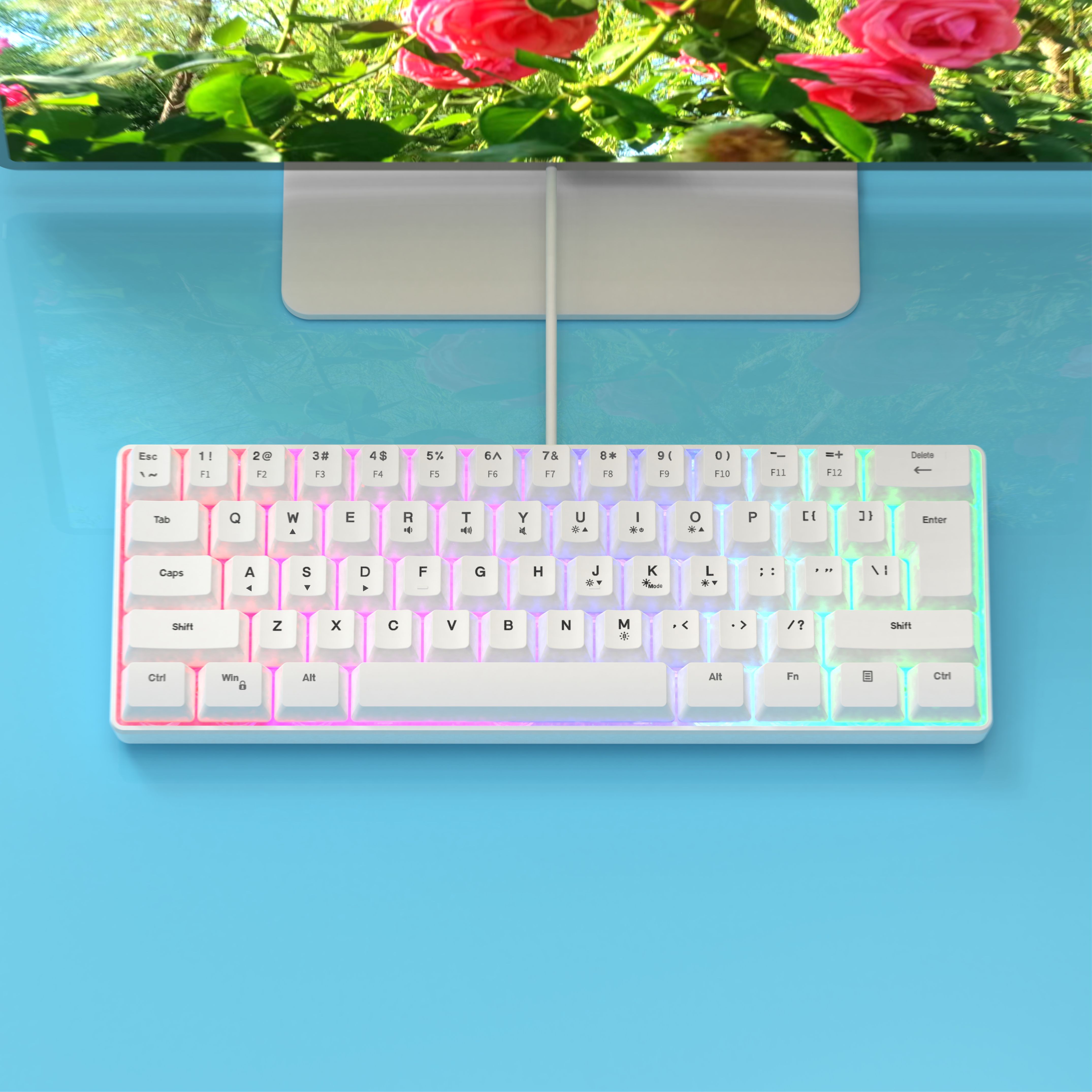 mini portable 60 white wired gaming keyboard compact 61 key rgb translucent usb keyboard color button keyboard high and transparent middle board cover flowing light changing color computer notebook desktop all in one keyboard details 10