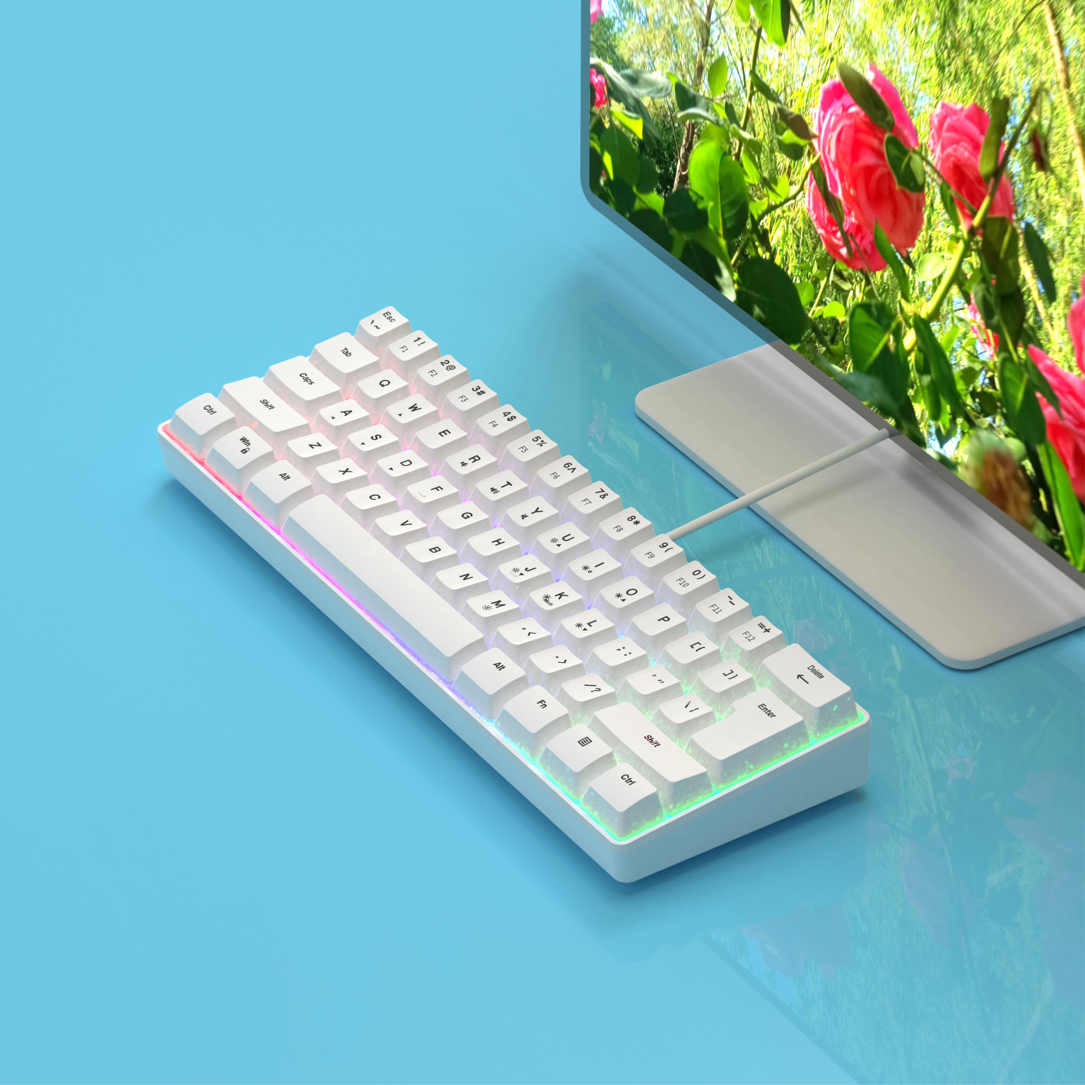 mini portable 60 white wired gaming keyboard compact 61 key rgb translucent usb keyboard color button keyboard high and transparent middle board cover flowing light changing color computer notebook desktop all in one keyboard details 11