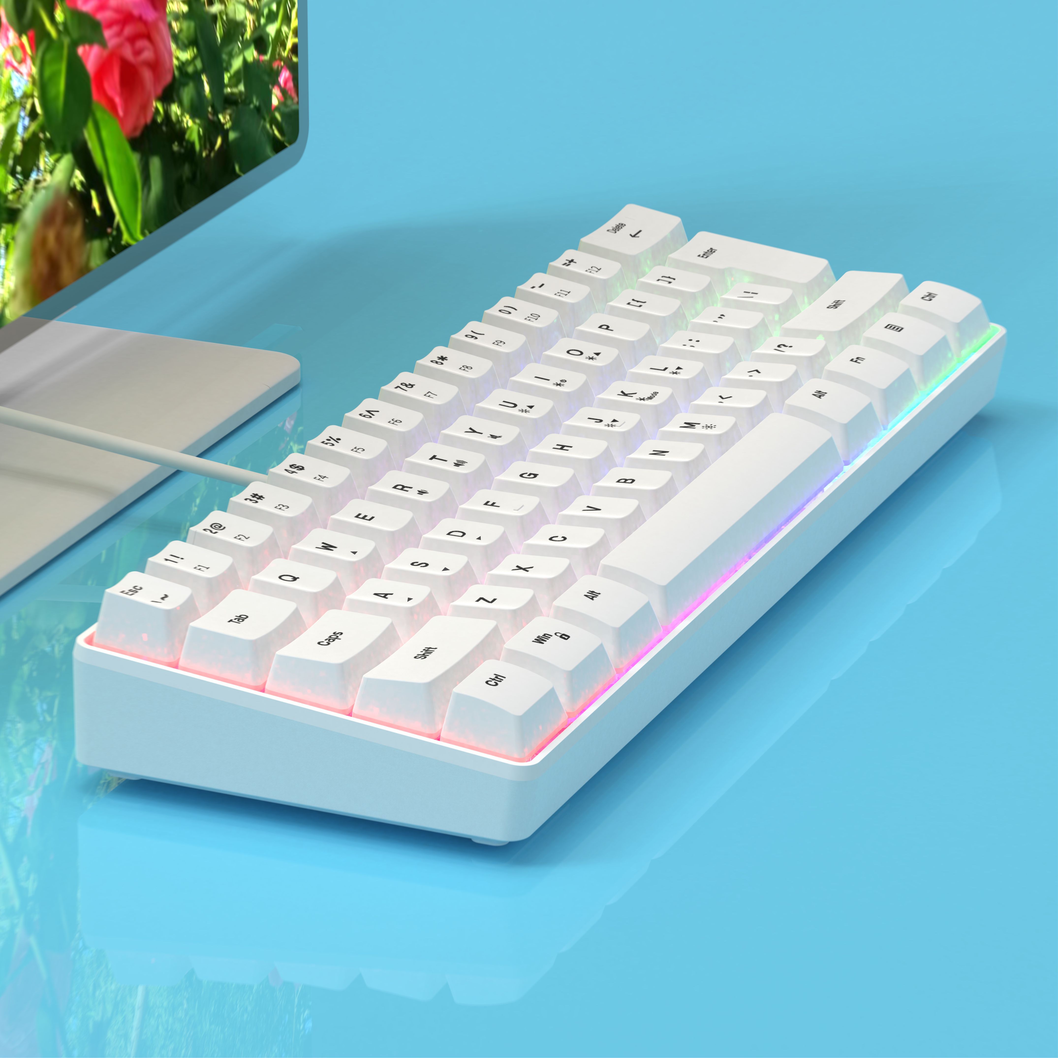 mini portable 60 white wired gaming keyboard compact 61 key rgb translucent usb keyboard color button keyboard high and transparent middle board cover flowing light changing color computer notebook desktop all in one keyboard details 12