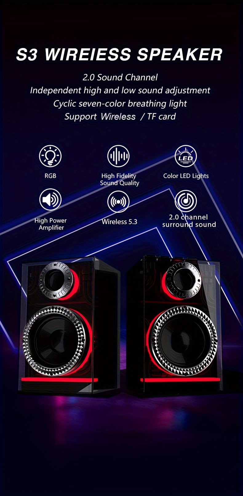 s3 speaker cool rgb lighting       powerful bass large capacity battery supports wired tf card aux and wireless   details 0