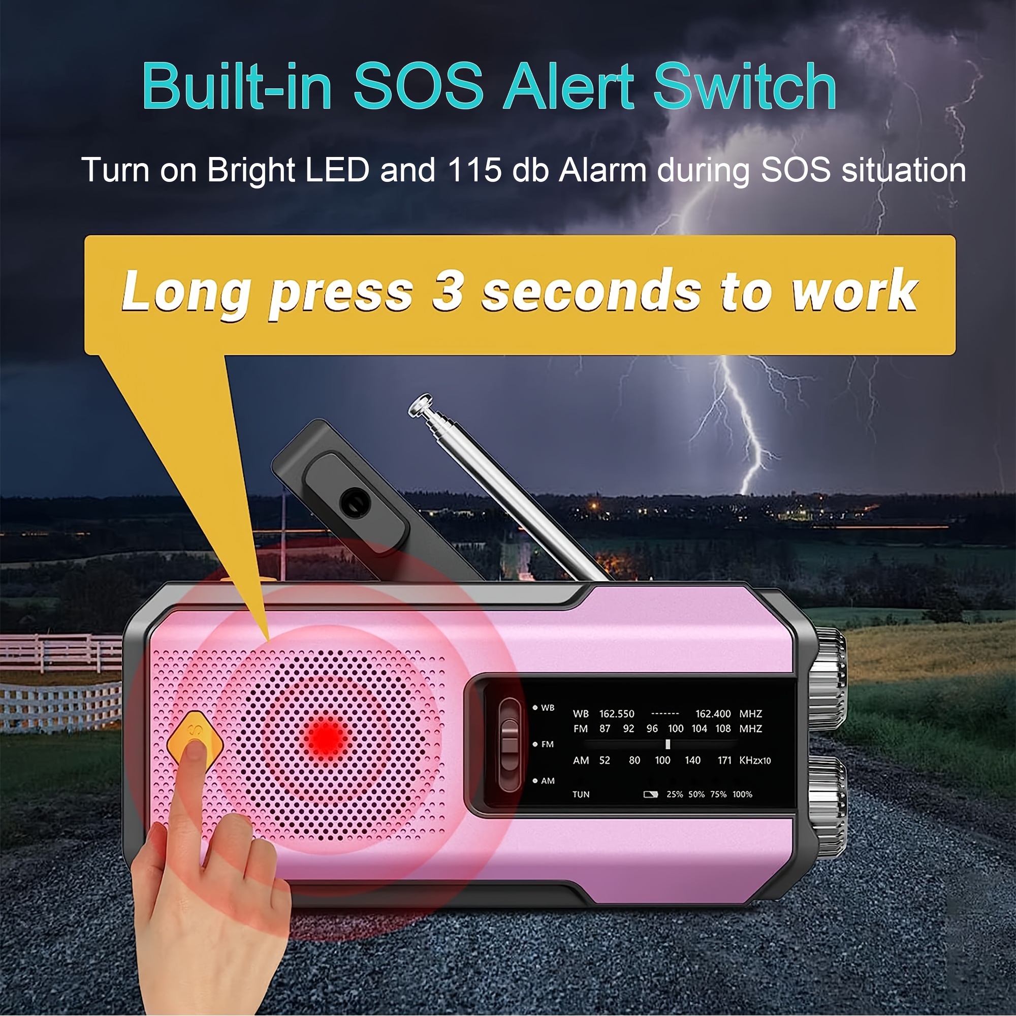 hand   radio portable am fm   weather radios emergency   flashlight solar panel with 2000mah rechargeable battery type c cell phone charger sos alarm for indoor outdoor camping emergency details 2